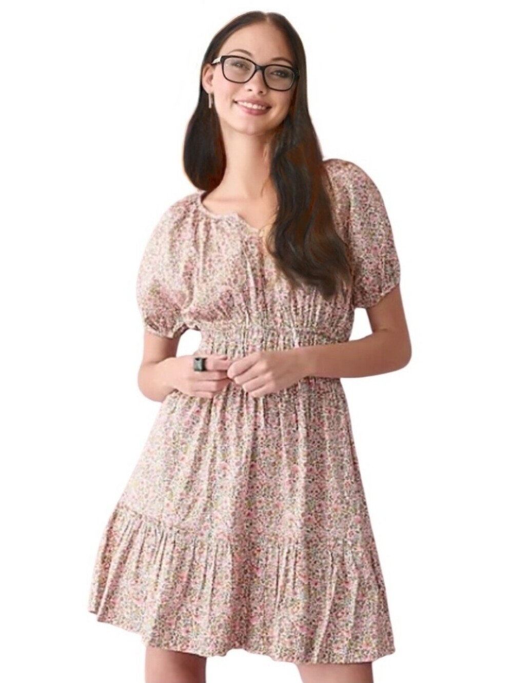 J.Crew Cotton Cinched waist puff sleeve nap dress scattered blooms cottagecore M